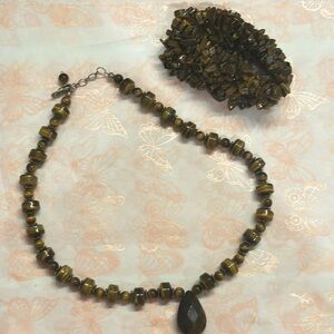 Beautiful Tiger Eye Necklace and Tiger Eye wide stretch bracelet- Perfect pair